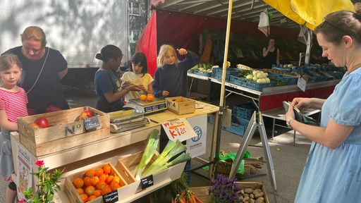 Eine Kundin kauft Clementinen am Marktstand.
